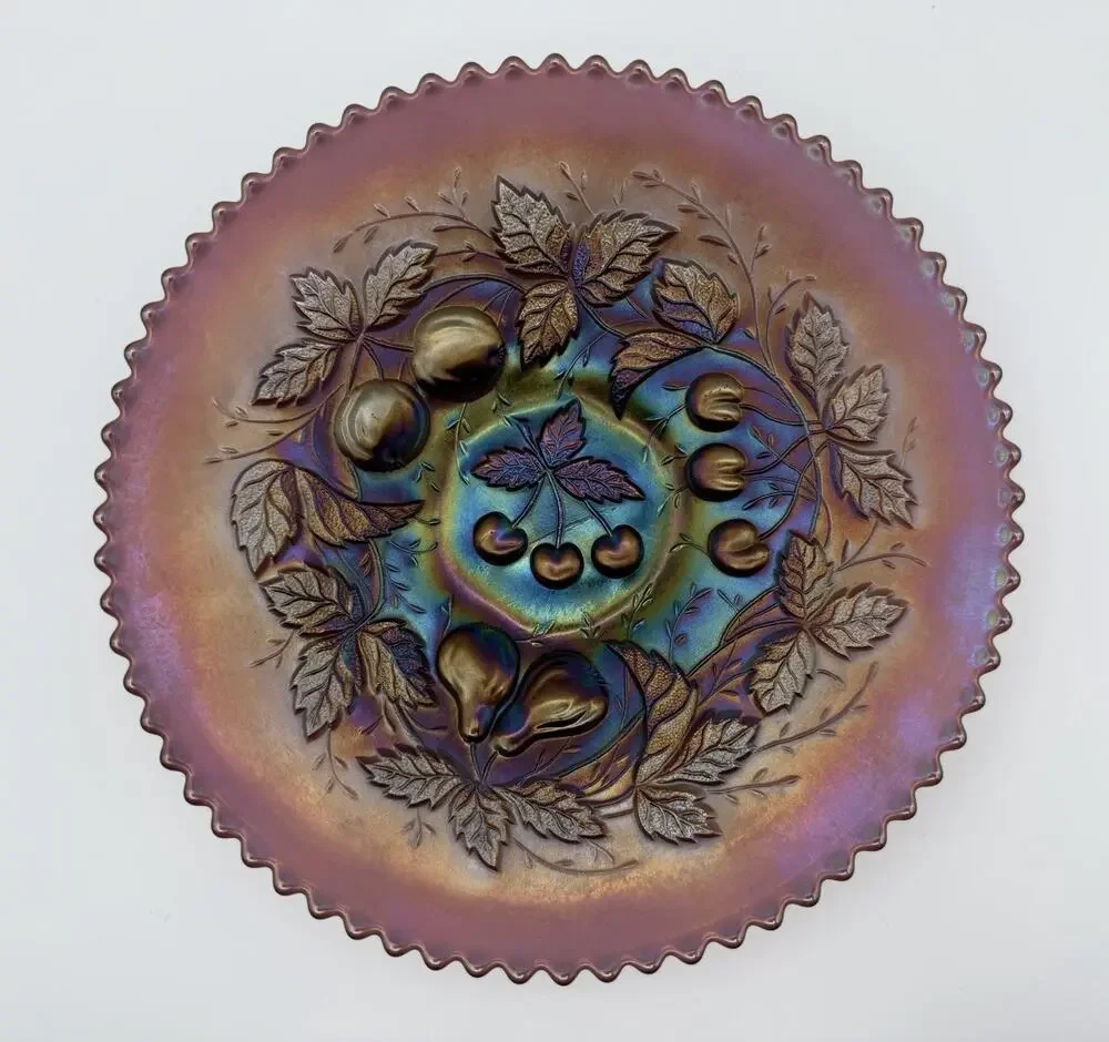 Northwood Amethyst Carnival Glass THREE FRUITS Footed Plate 9” Sawtooth Antique